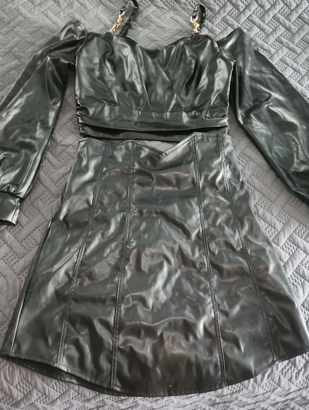 SHEIN Black Faux Leather Puff Sleeve Jacket & Skirt Set with Gold Chain Straps